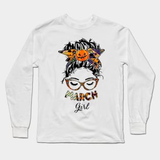 March Girl Halloween Face Wink Eyes Pumpkin Long Sleeve T-Shirt